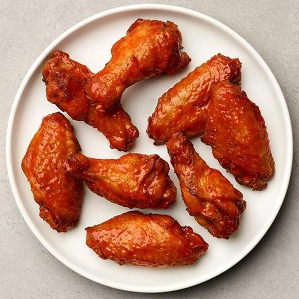 A white plate holds seven glossy, golden-brown chicken wings, coated in a sweet and savory sauce.